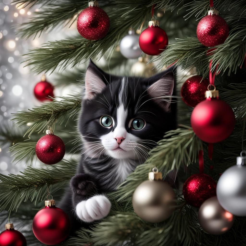 Hyperrealistic Kitten Playing in Christmas Tree