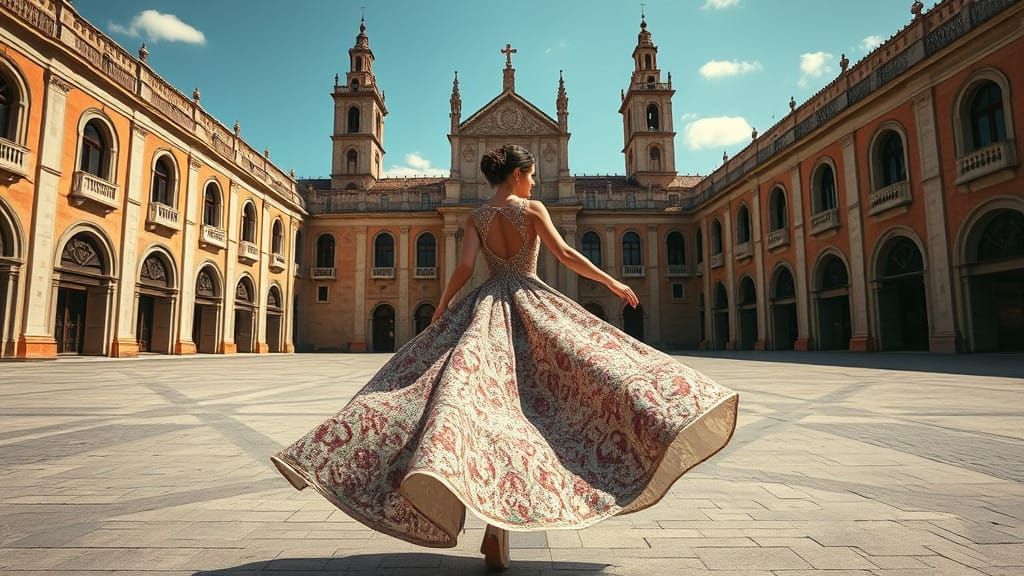 Medieval Bride Twirls in Sunny Church Square