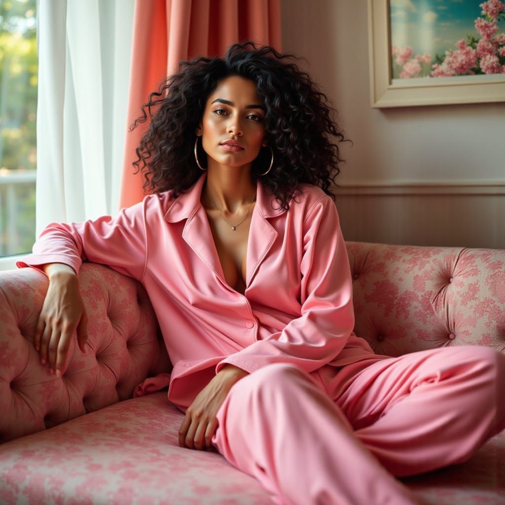 Hyper-Realistic Woman in Comfy Pink Pajamas