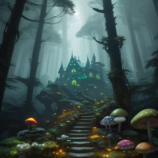 Glowing Mushroom Staircase to Neon Castle, Dreamlike Art