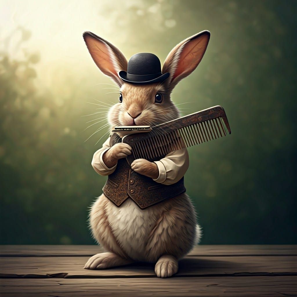 Whimsical Rabbit Plays Comb Harmonica, Oil Painting Style