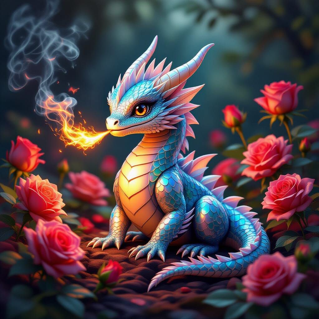 Baby Crystal Dragon Breathes Fire Among Glowing Roses