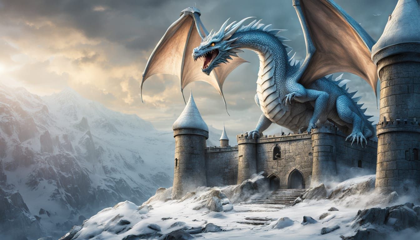White Dragon Lands on Ruined Castle in Snowy Landscape