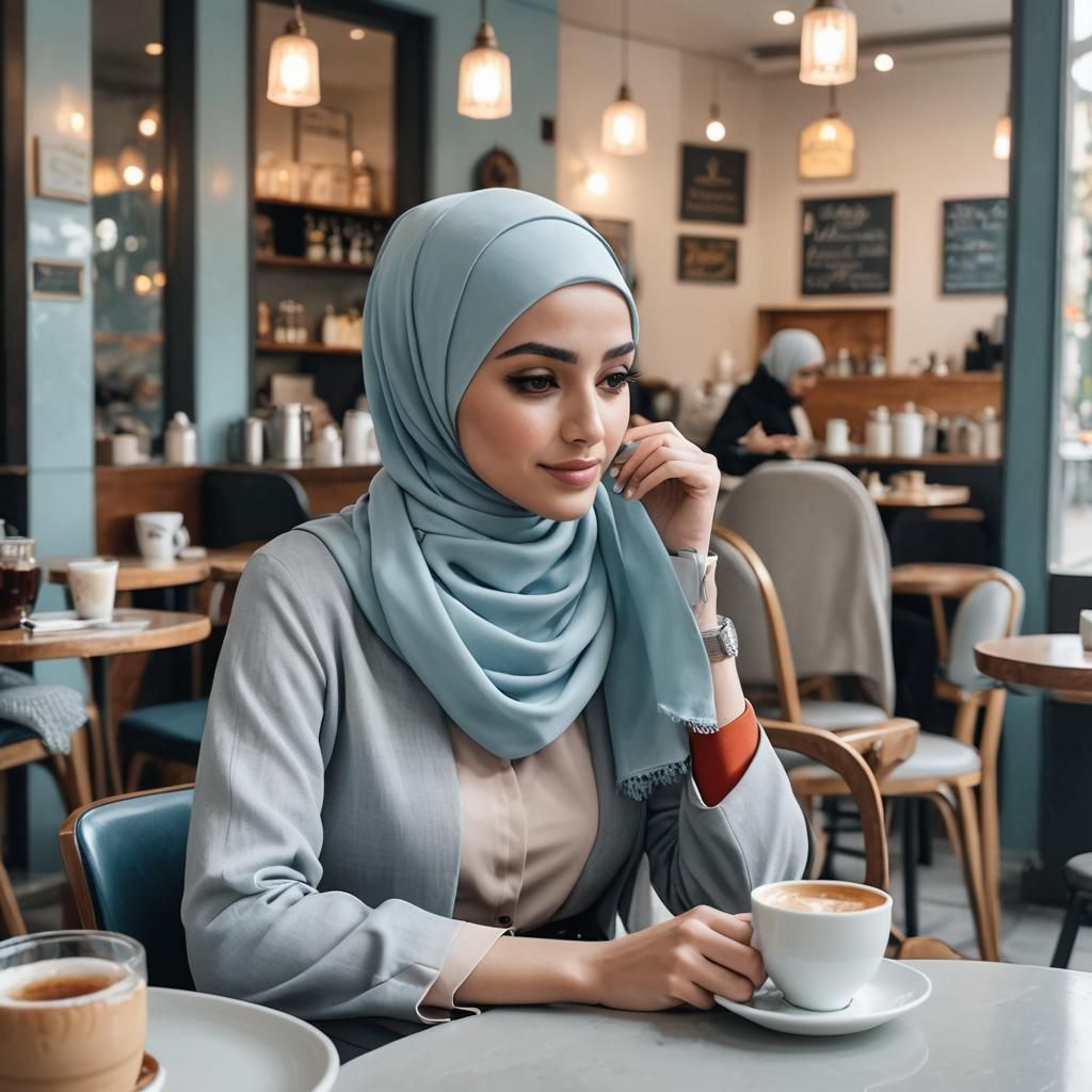 A hijabi girl sits in a quiet café
