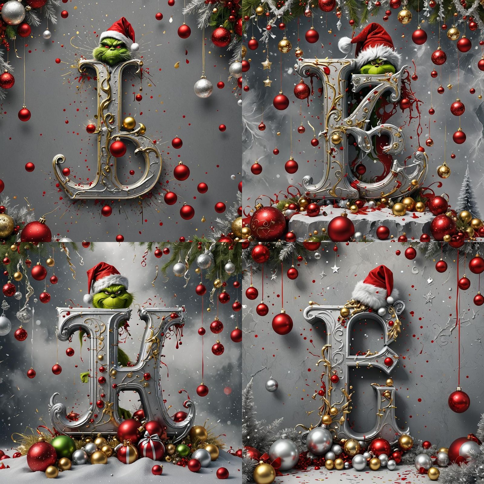 Ornate Silver Letter T with Grinch in Christmas Scene