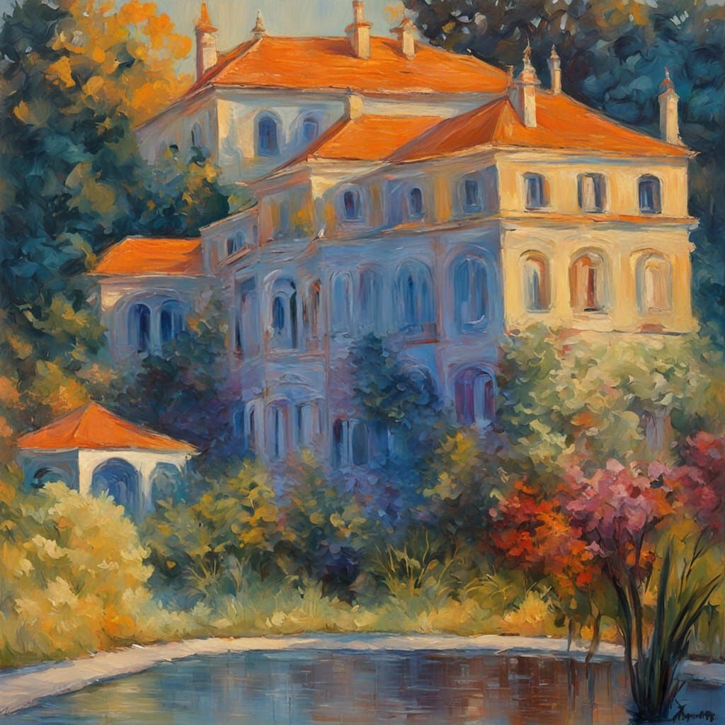 Baroque House in Lush Gardens: An Impasto Oil Painting