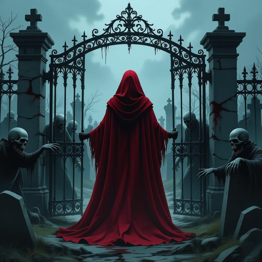 Red Cloaked Figure Trapped in Zombie Graveyard
