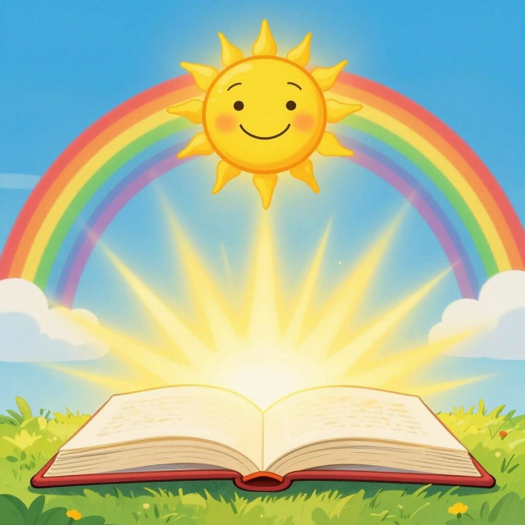 Children's Book Cover with Open Book and Radiant Sun