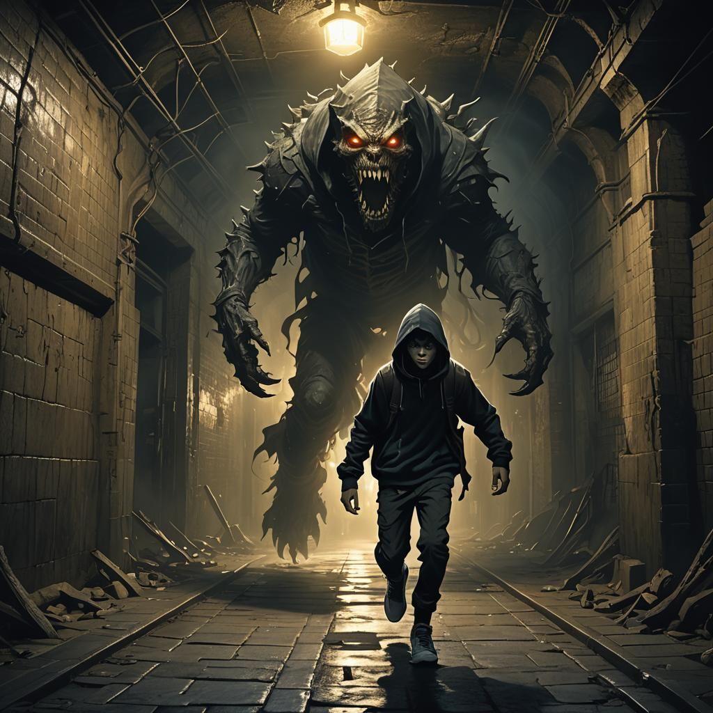 Teenager Escapes Monster in Dark Fantasy Subway