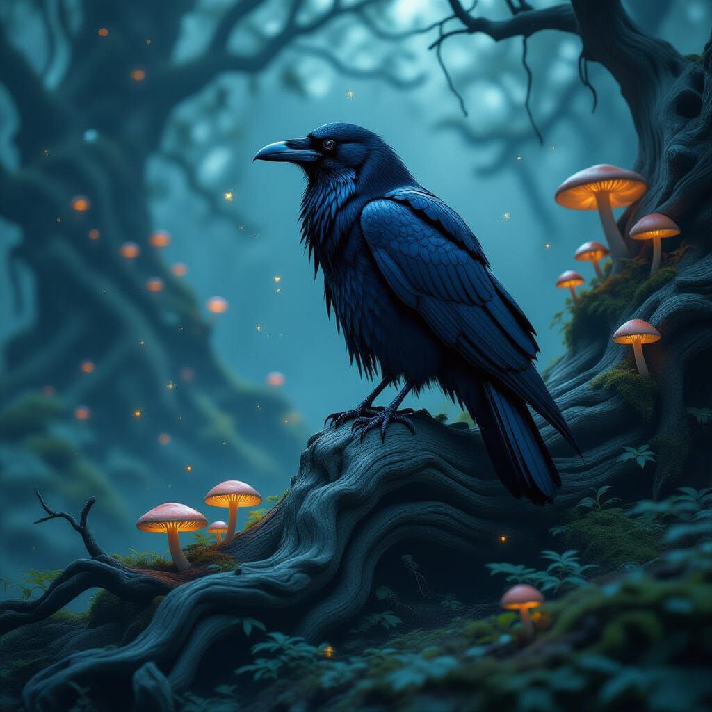Mystical Raven on Ancient Root Under Galactic Sky