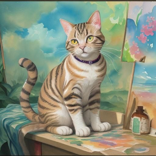 Tabby Cat in Art Atelier as Gouache Painting