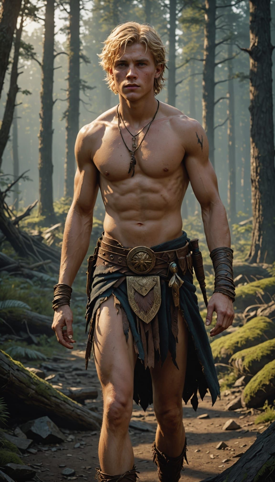 Blond Boy in Loincloth in Wilderness, Dark Fantasy Art