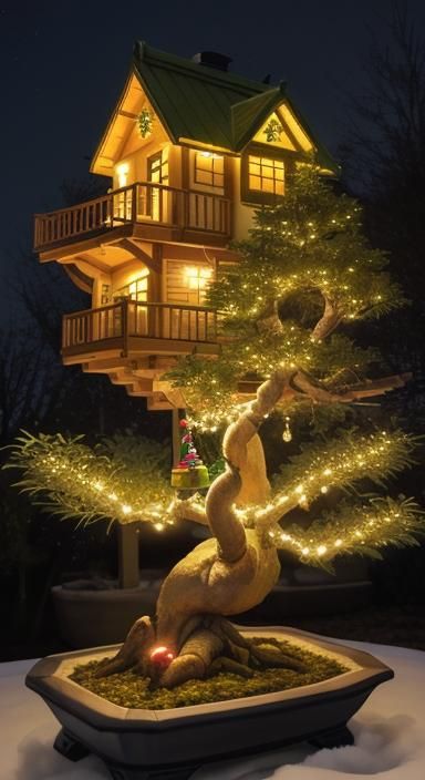Miniature Bonsai Treehouse with Christmas Lights