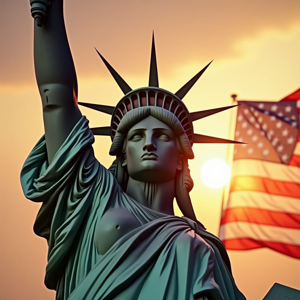 Statue of Liberty at Sunrise with Transparent Flag