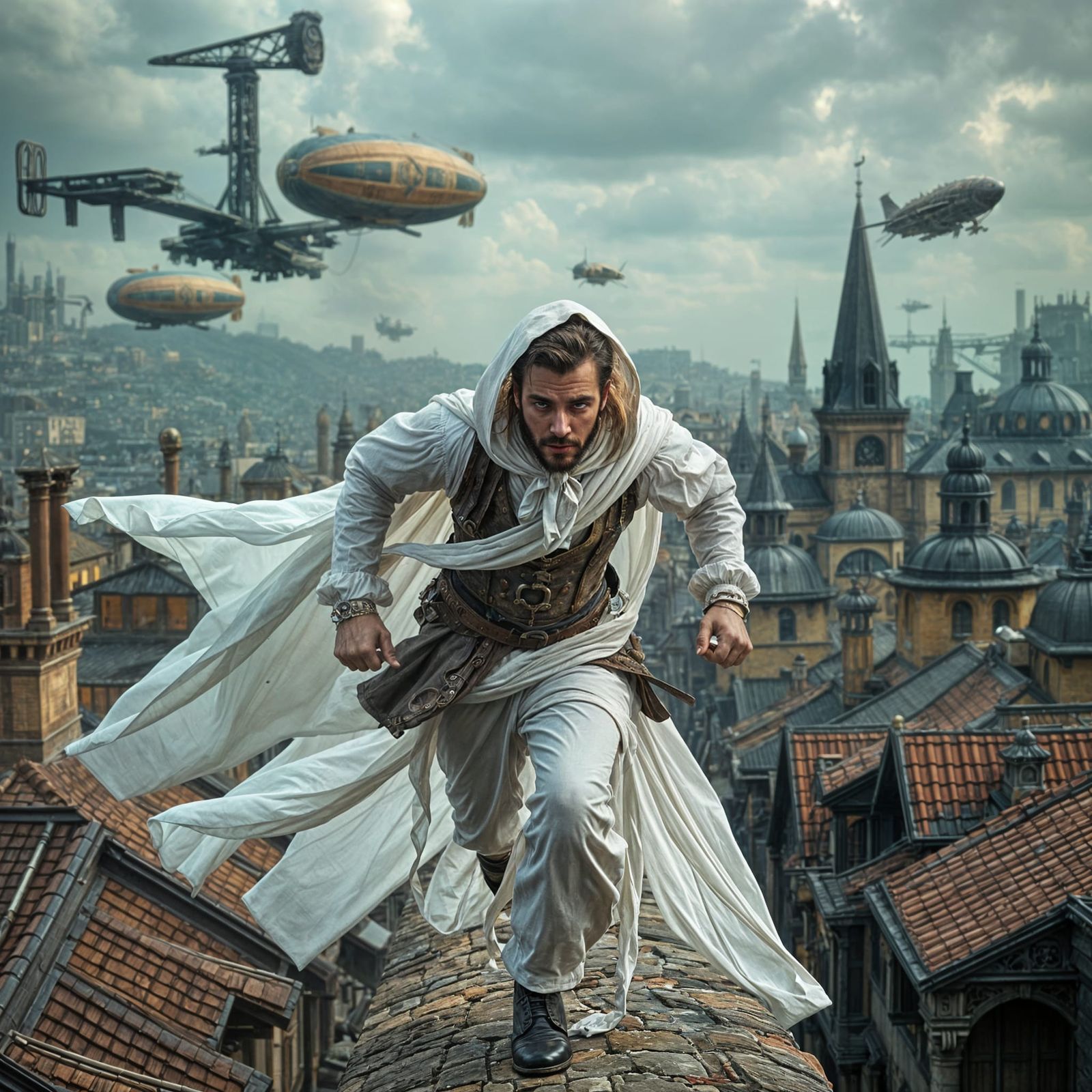 Surreal Victorian Cowboy Running Through Steampunk Metropoli...