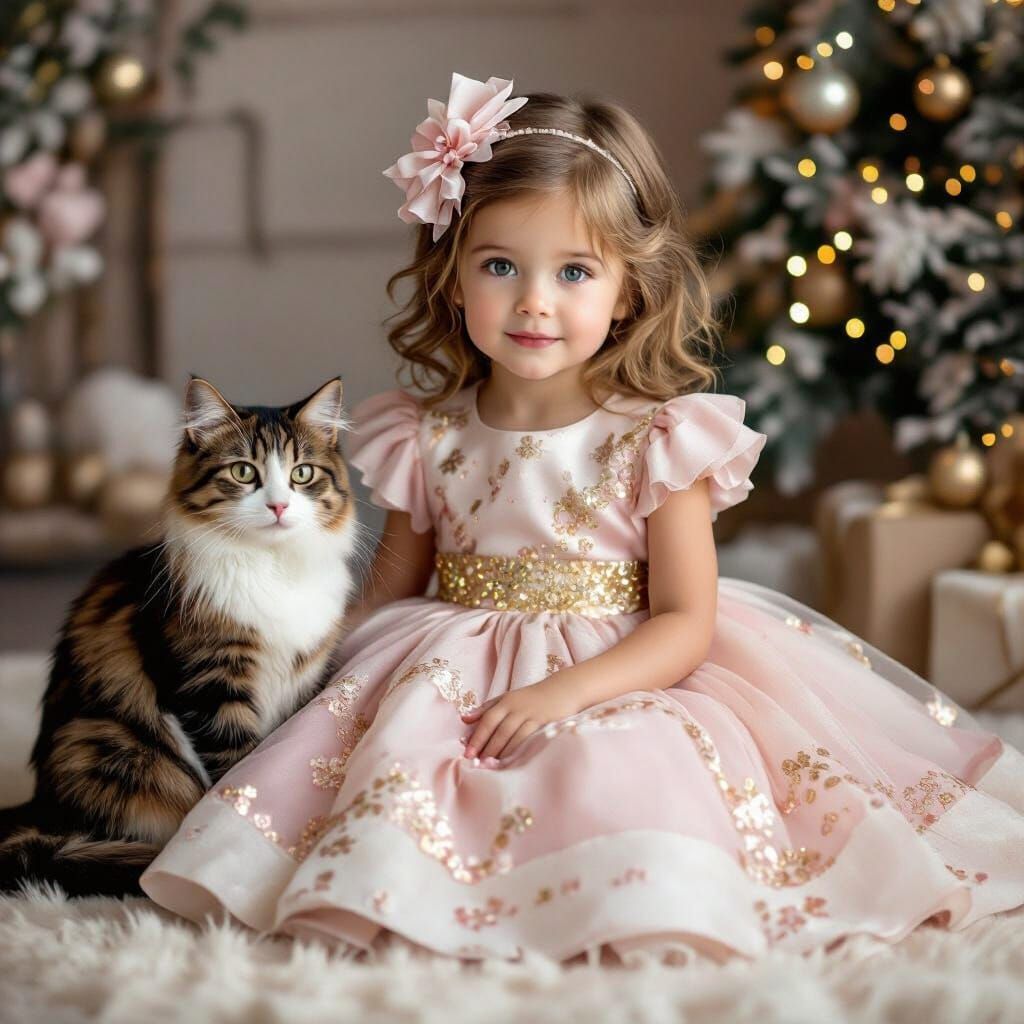 Young Girl in Festive Christmas Dress with Cat