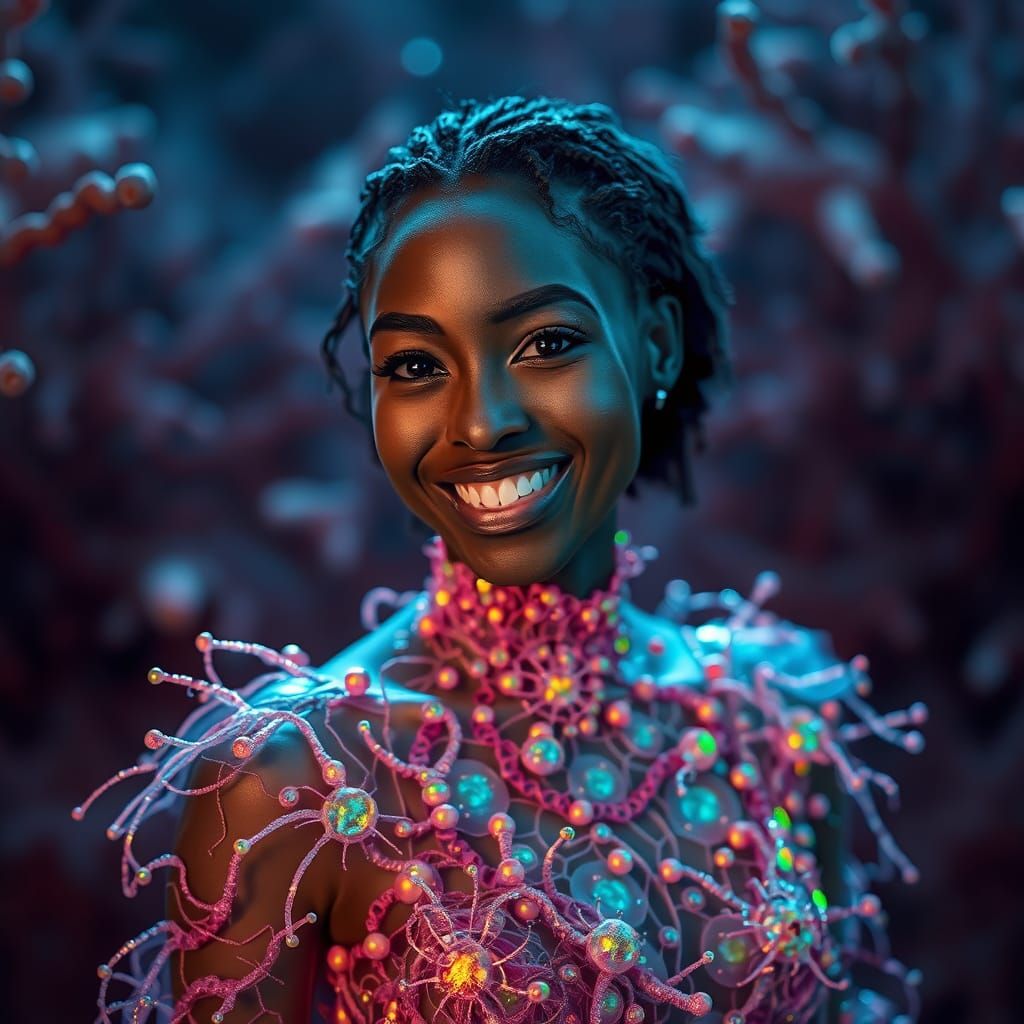 Intricate Bacteria Dress on Smiling Woman