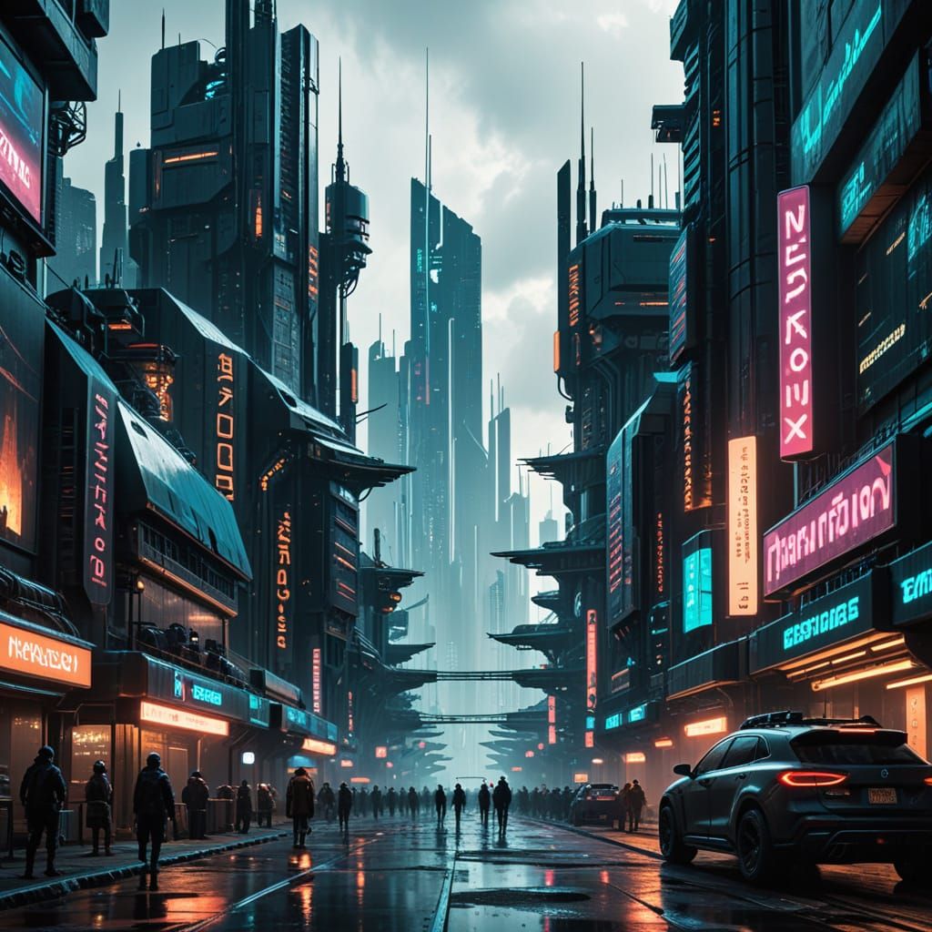 Cyberpunk Megacorporation Overlooking Cityscape