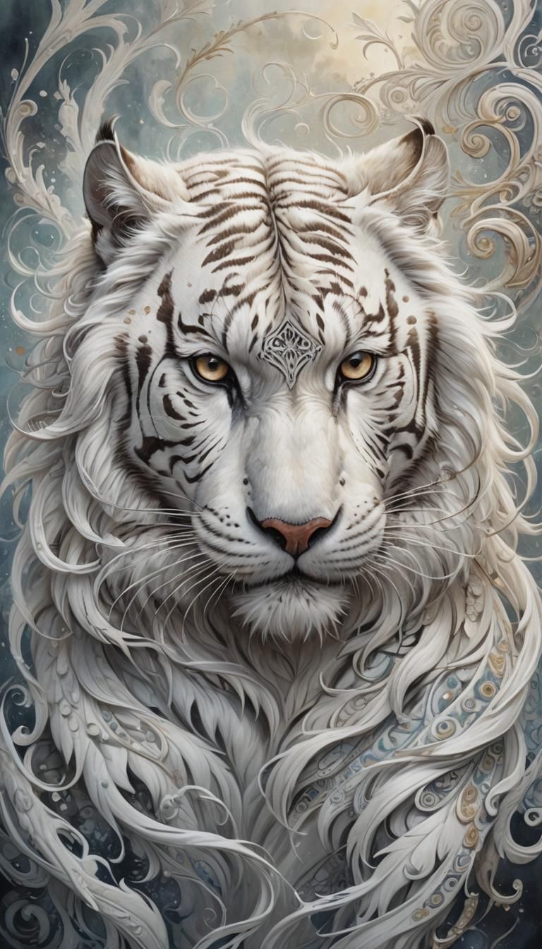Fantasy White Tiger Owl Portrait in Watercolor Style