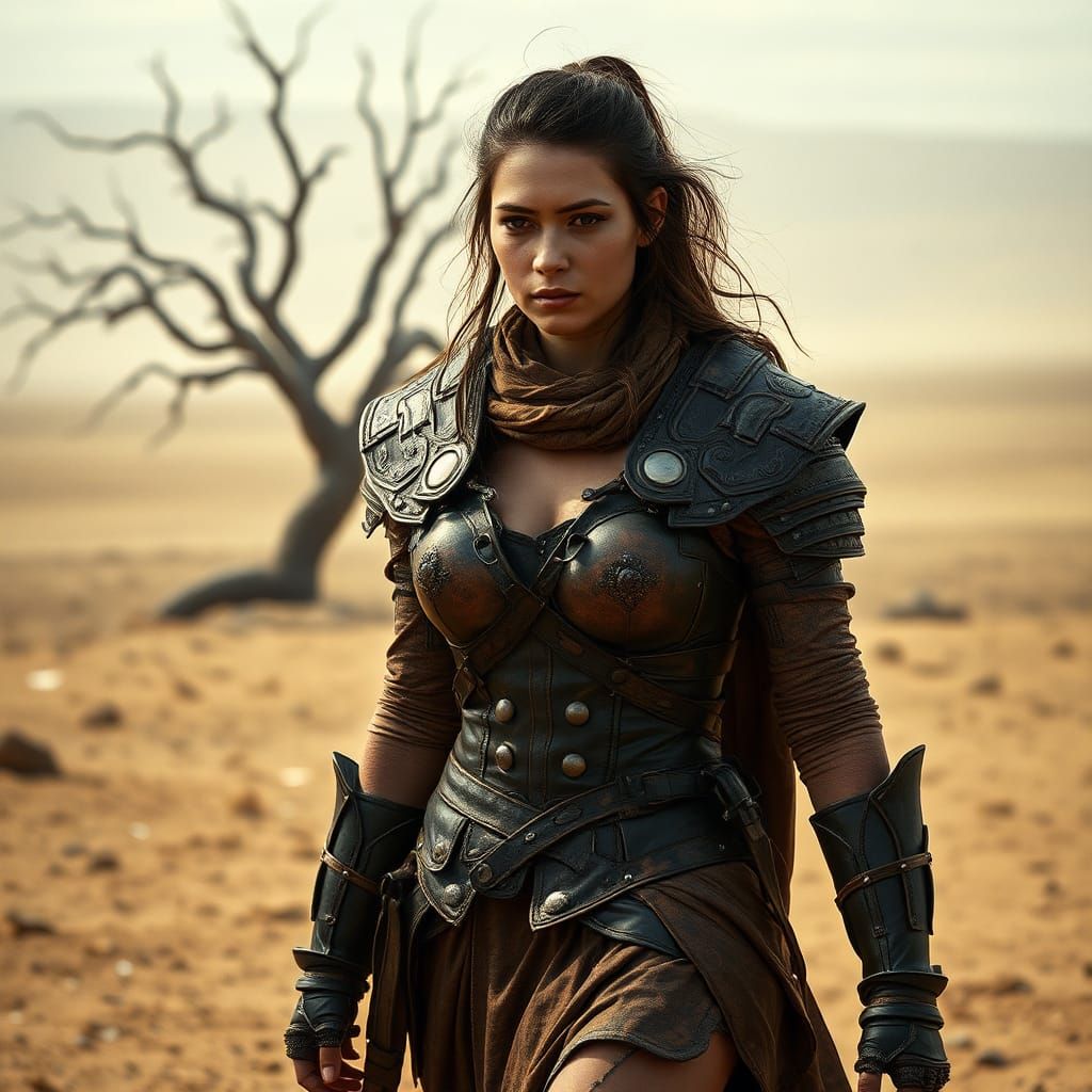Woman in Leather Armor Walks Through Barren Land