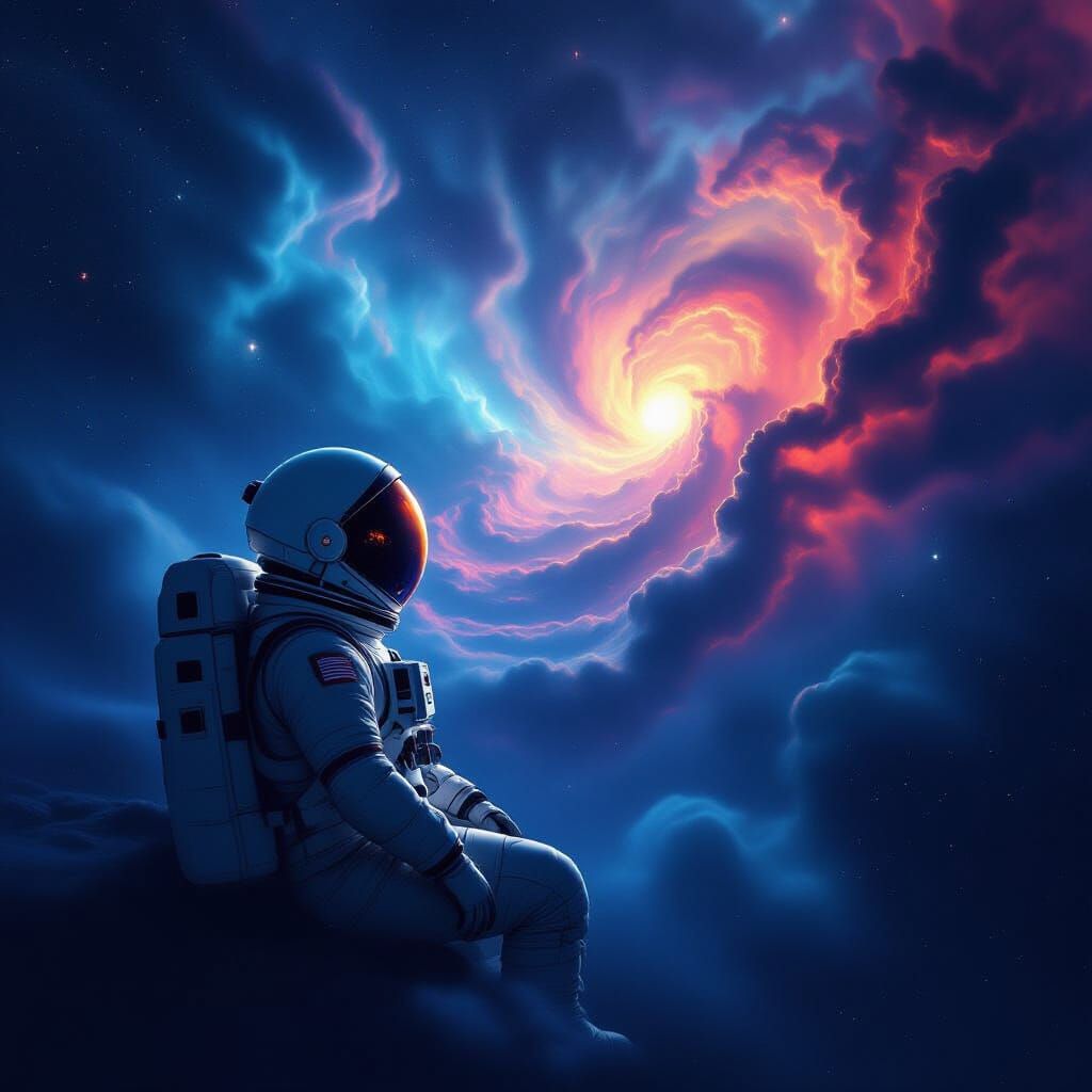 Astronaut Adrift in Swirling Nebula