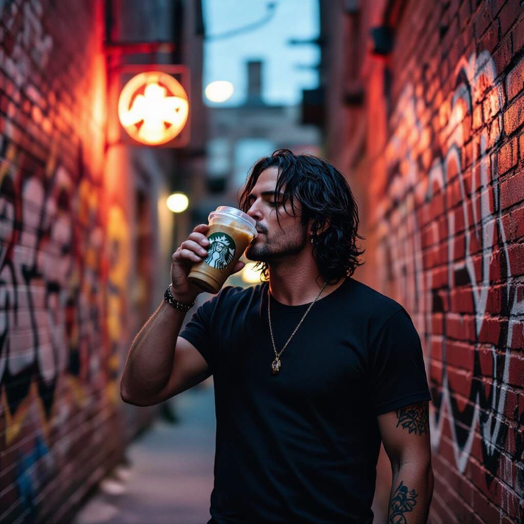 Rick Dejesus Sips Starbucks in Urban Alley