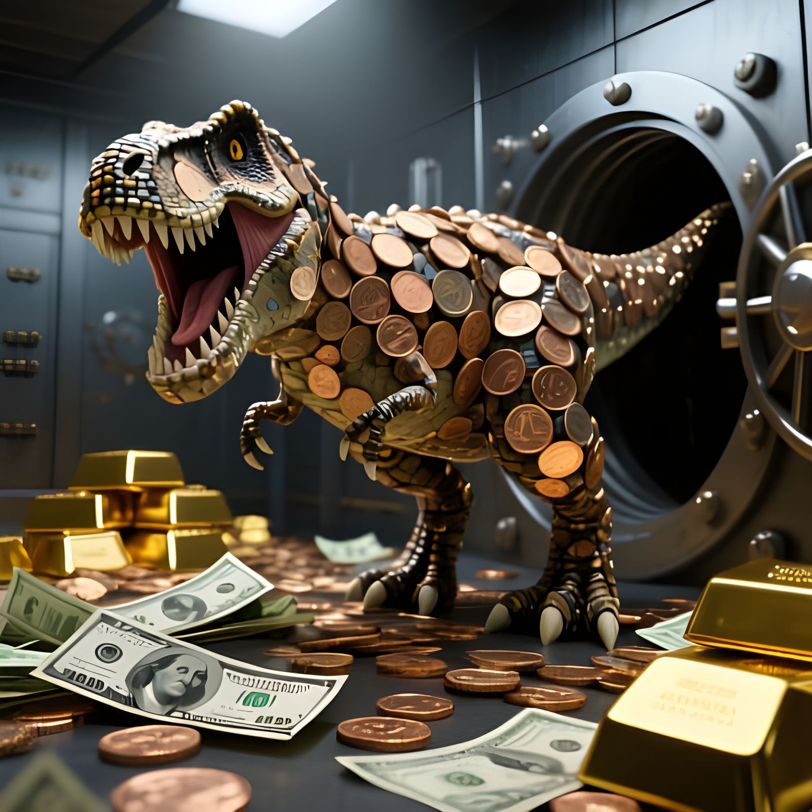 Coin T-Rex Roars in Bank Vault, Digital Illustration