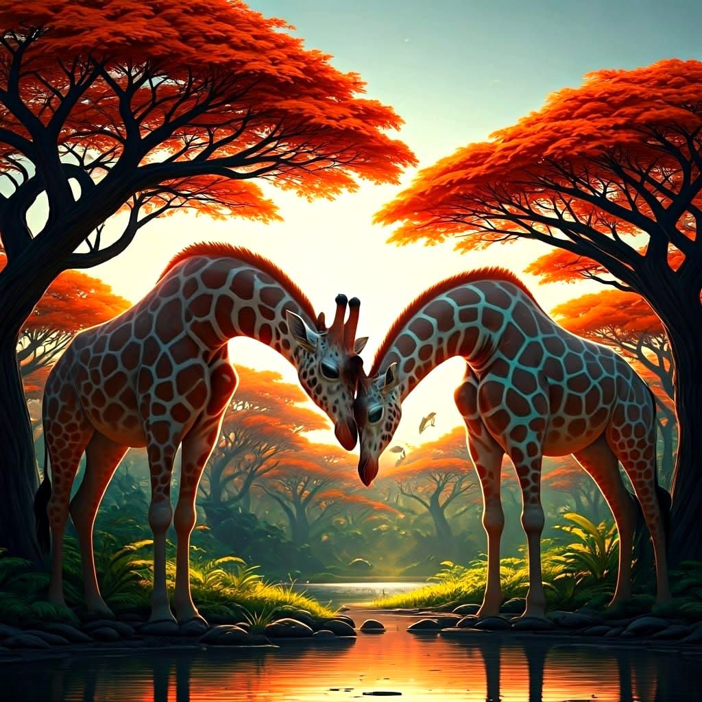 Loving Giraffes Standing Together in a Fantasy Landscape