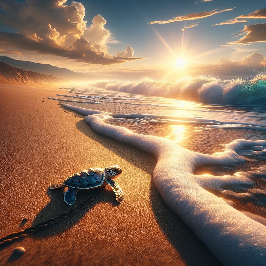 Photorealistic Sea Turtle Crawling to the Sea