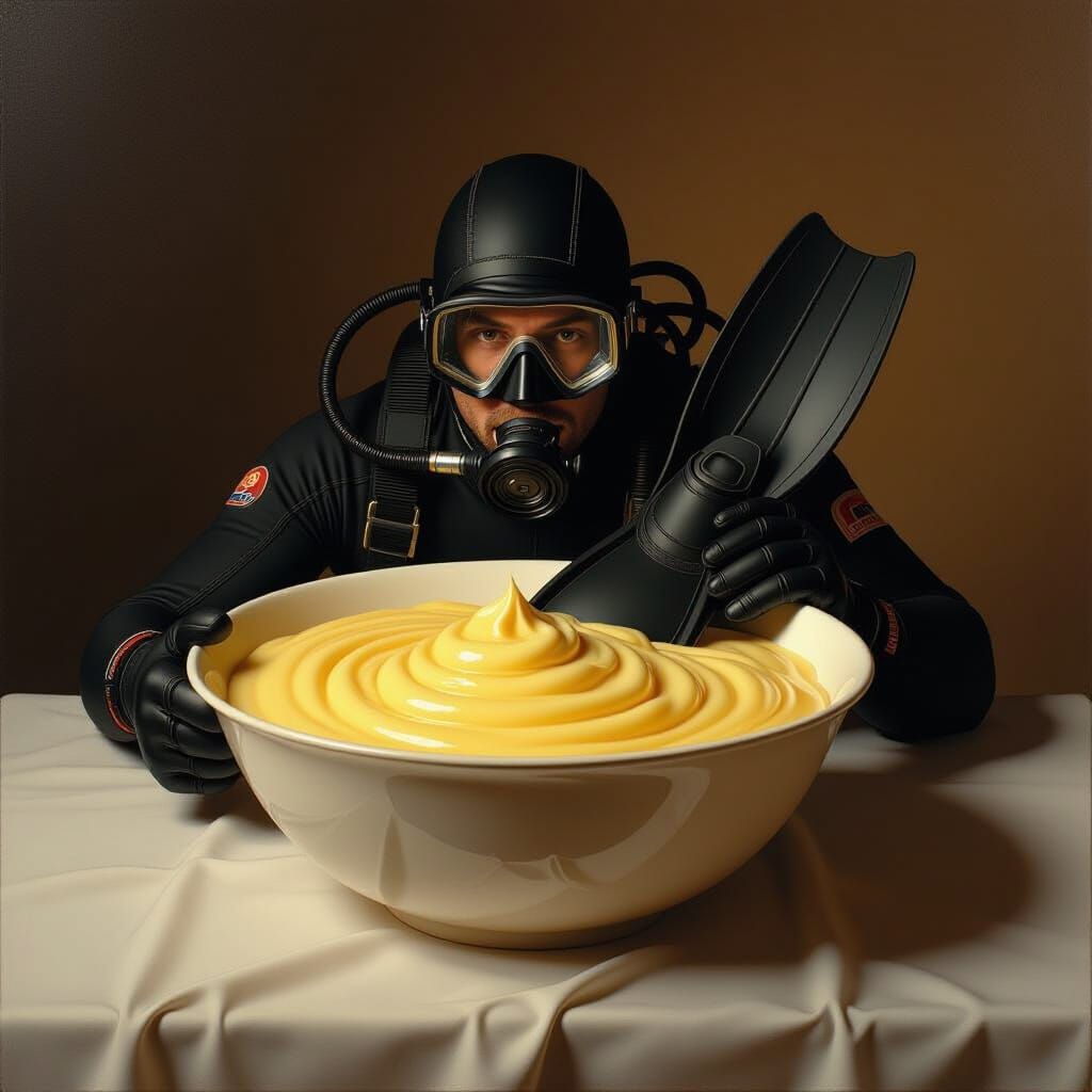 Hyperrealistic Diver Gear in Custard with Chiaroscuro Lighti...