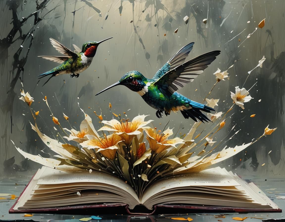 Hummingbird and Exotic Flowers in Pop-Up Book Style