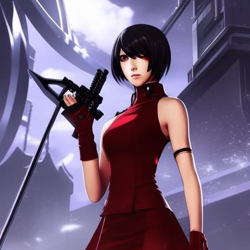 Cyberpunk Girl in Red Dress Anime Style