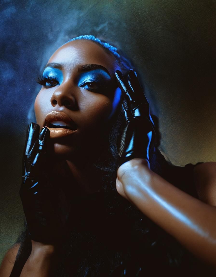Young Black Woman with Dramatic Blue Makeup
