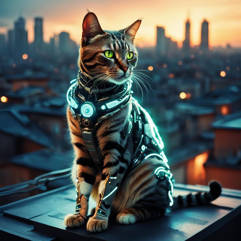 cyborg tabby cat on rooftop
