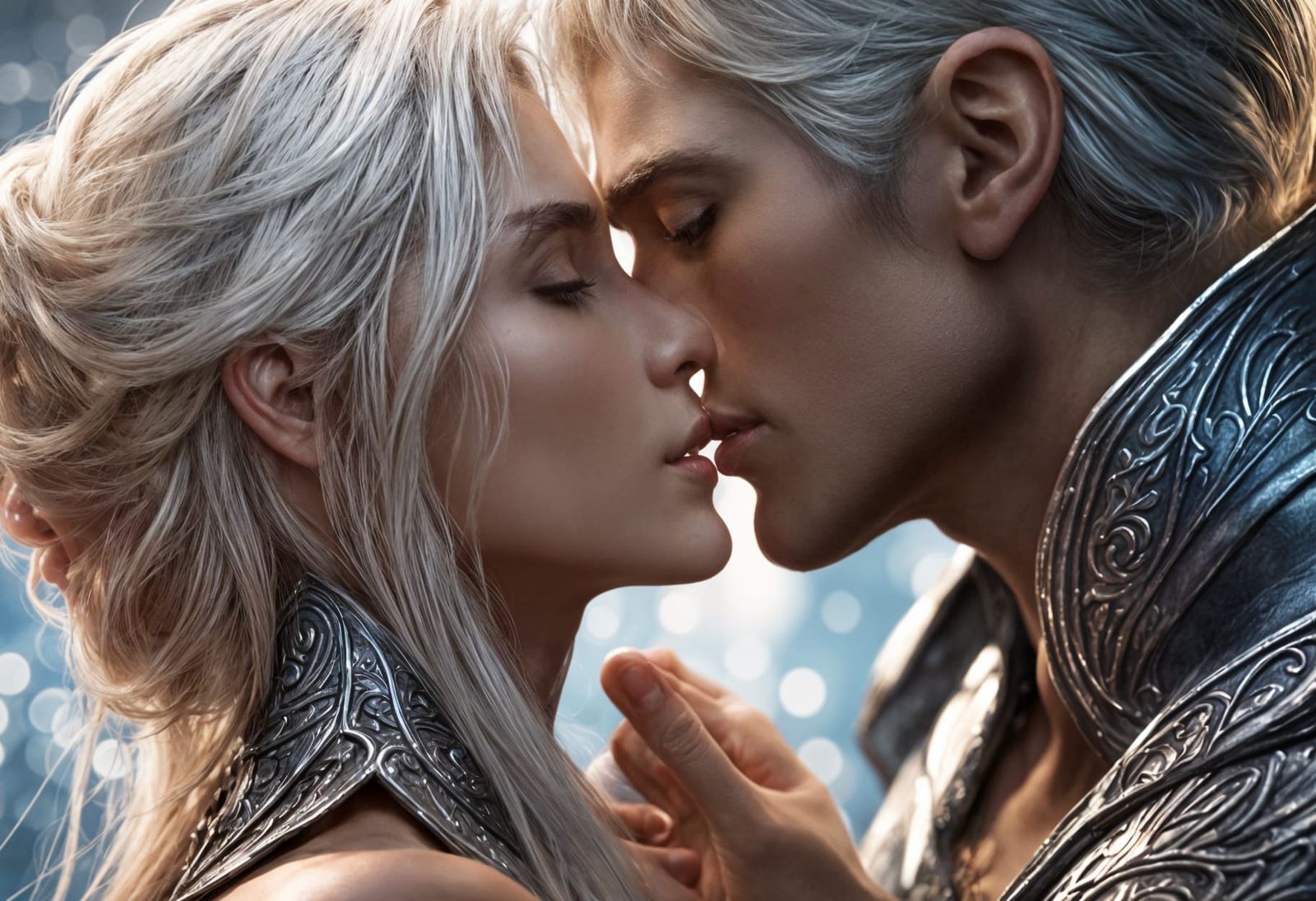 Kissing Elves in a Detailed Fantasy Painting