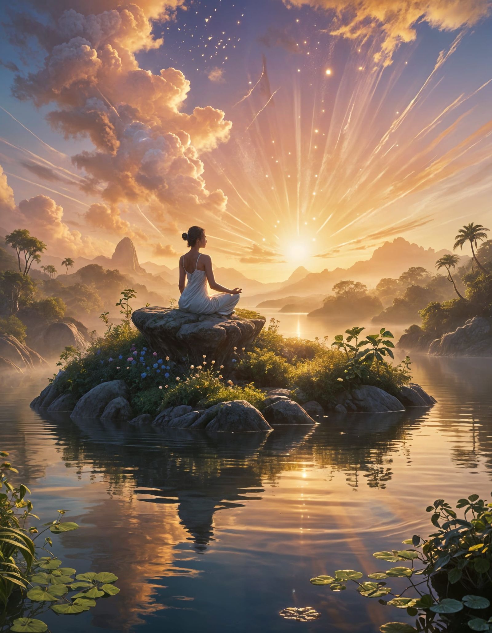Serene Figure Meditating on Floating Island in Golden Light