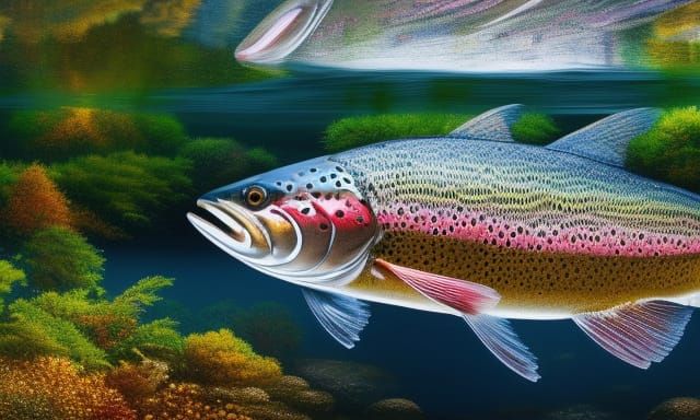 Detailed Rainbow Trout in Teal Water Ecosystem