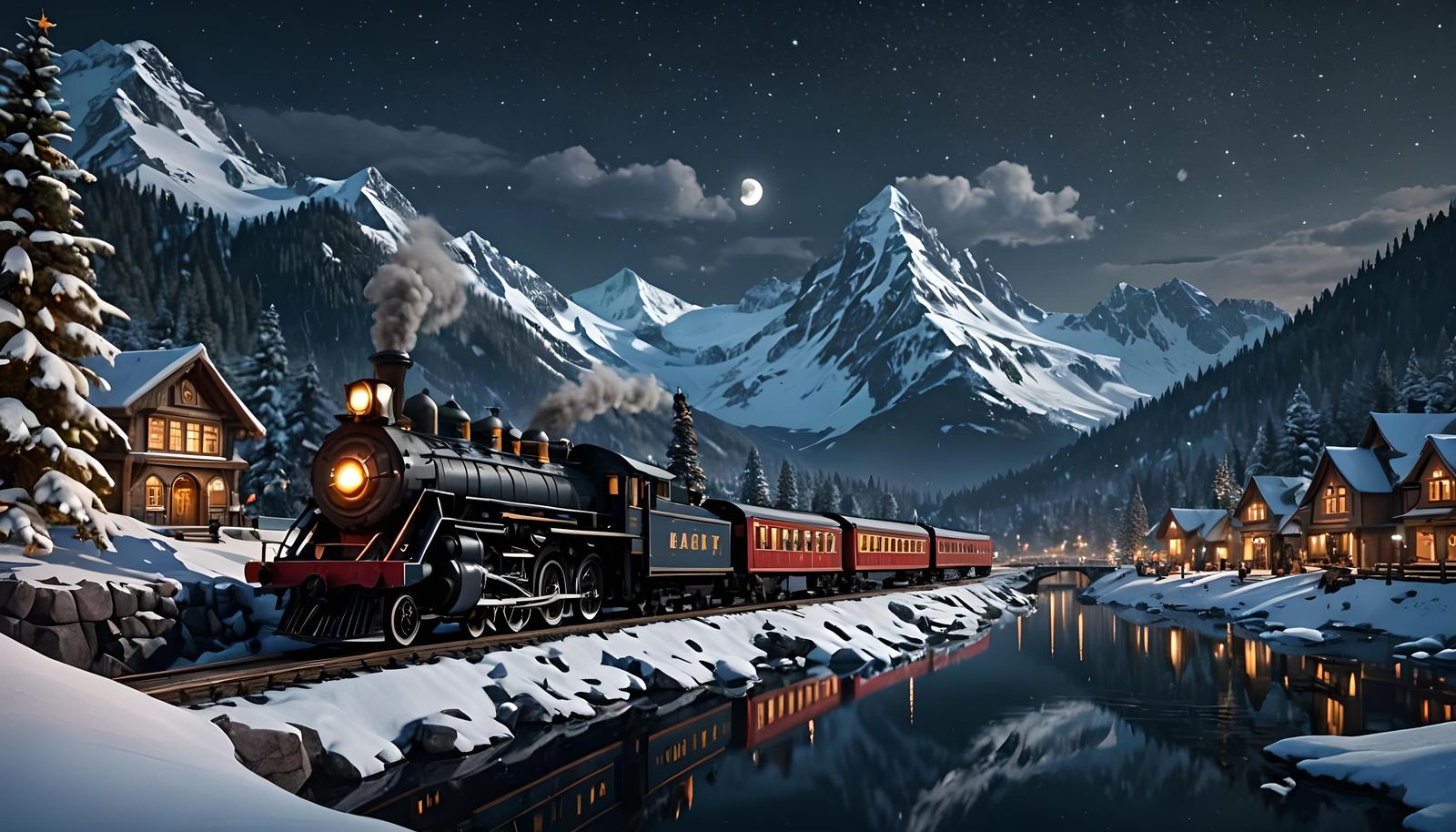 Christmas Train at Night: Detailed Matte Painting