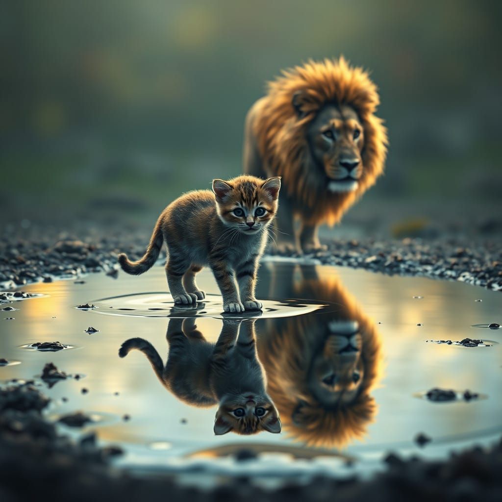 Fantastic Feline Reflection: A Young Lion's Image in a Puddl...
