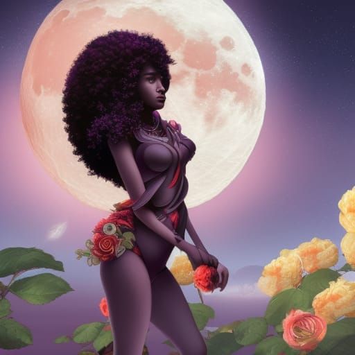 Celestial Black-Haired Woman Gazing at Moon