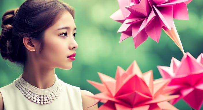 Girl with Origami Flower Papercraft in Soft Focus