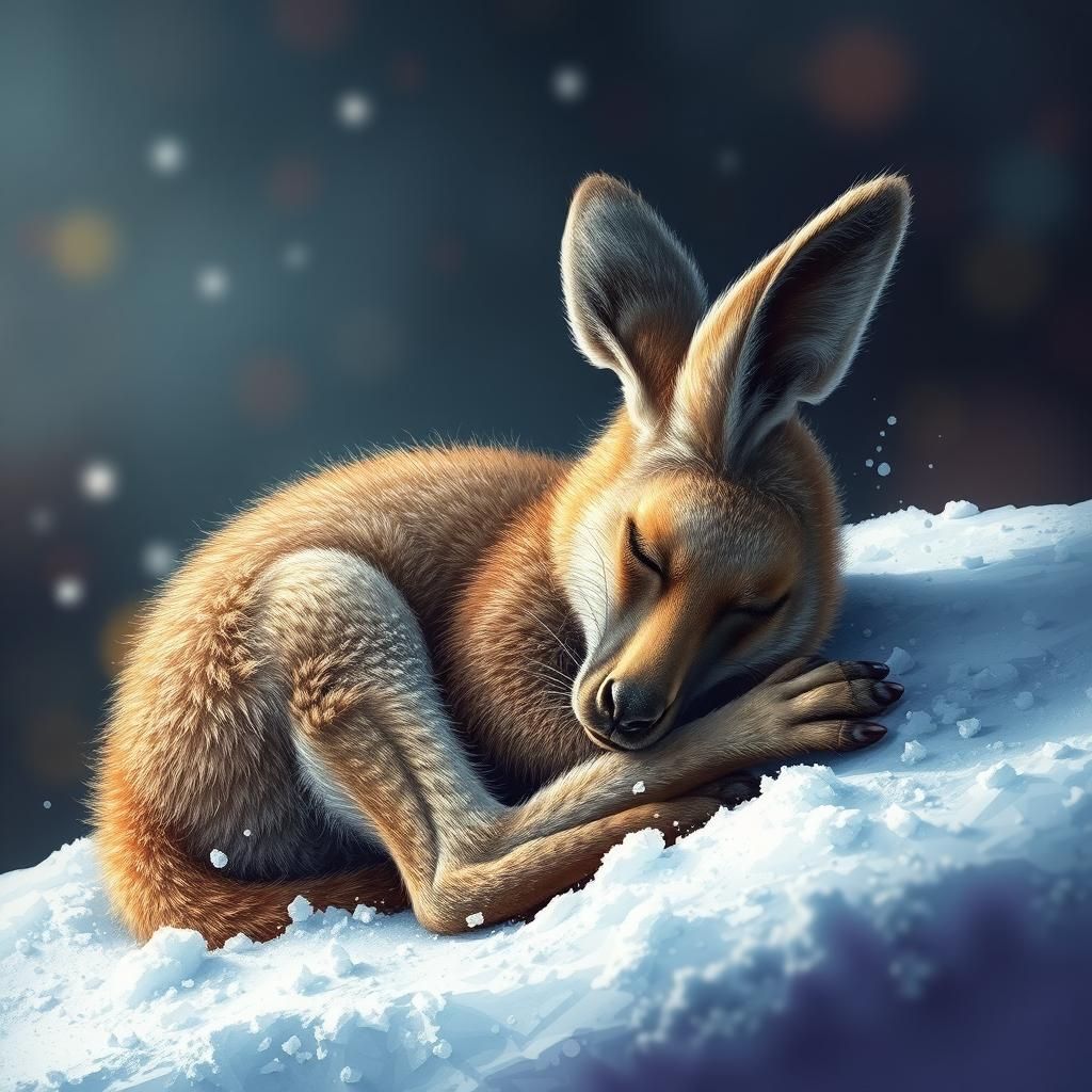 Baby Kangaroo Sleeping in Snow: Hyperrealistic Splash Art