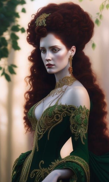 Red-Headed Goddess Portrait with Emeralds in Hyperrealism