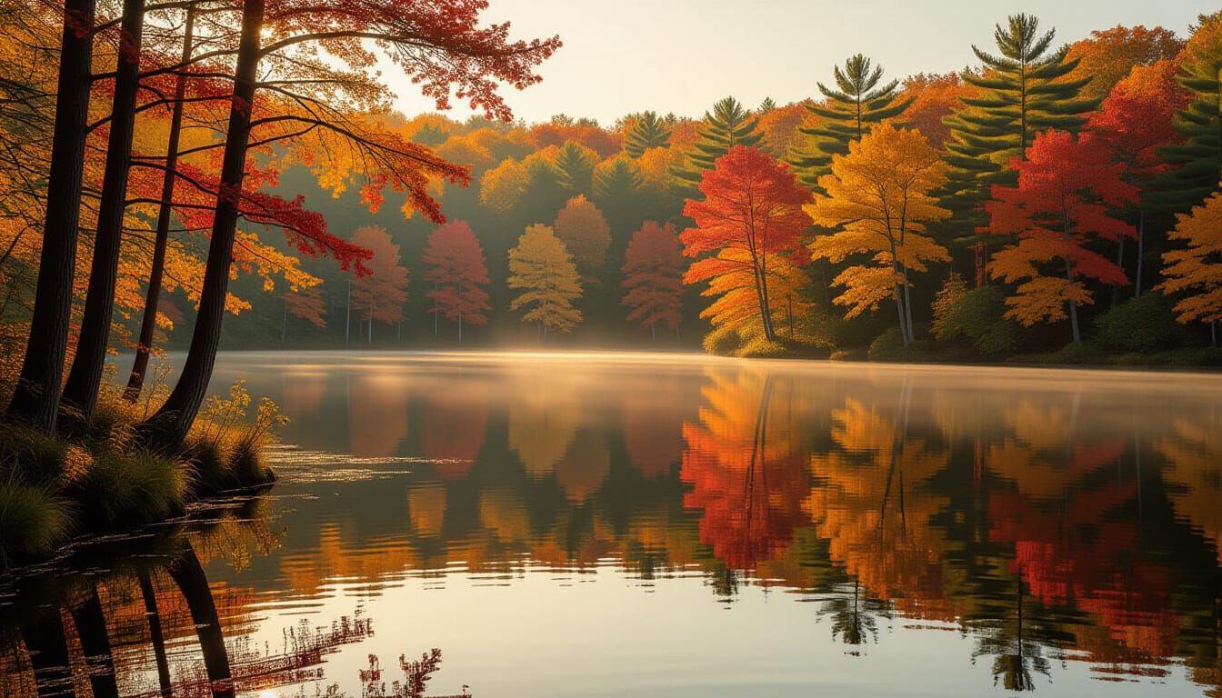 Serene Autumn Forest Lake Cinematic Still
