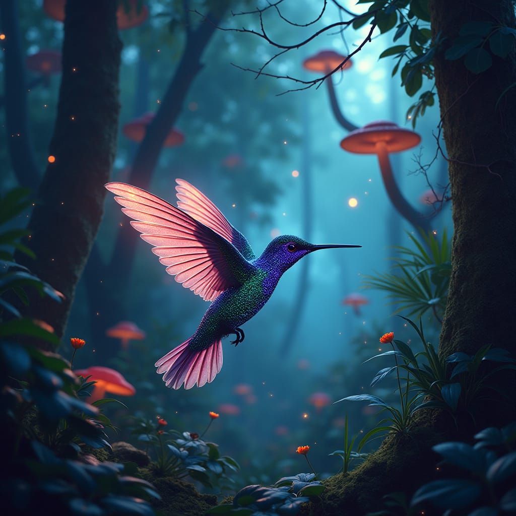 Bioluminescent Hummingbird in an Alien Jungle