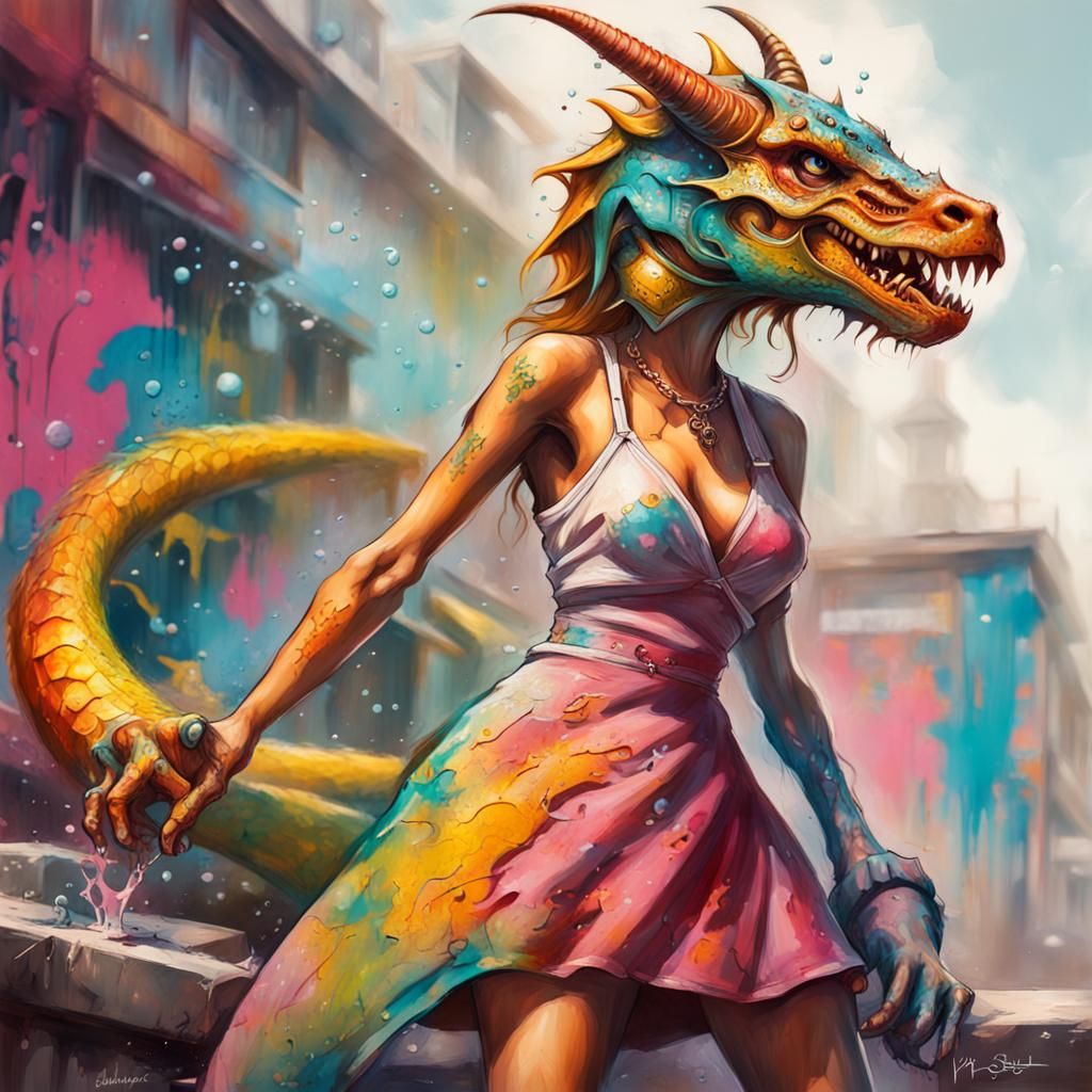 Dragonborn Female in Sundress: 1950s Fantasy Graffiti Art