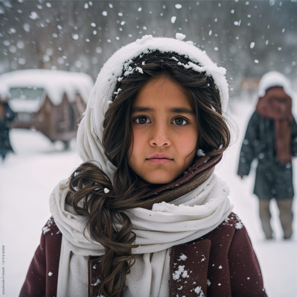 Afghan Girl in the snow, flocks in her hair
