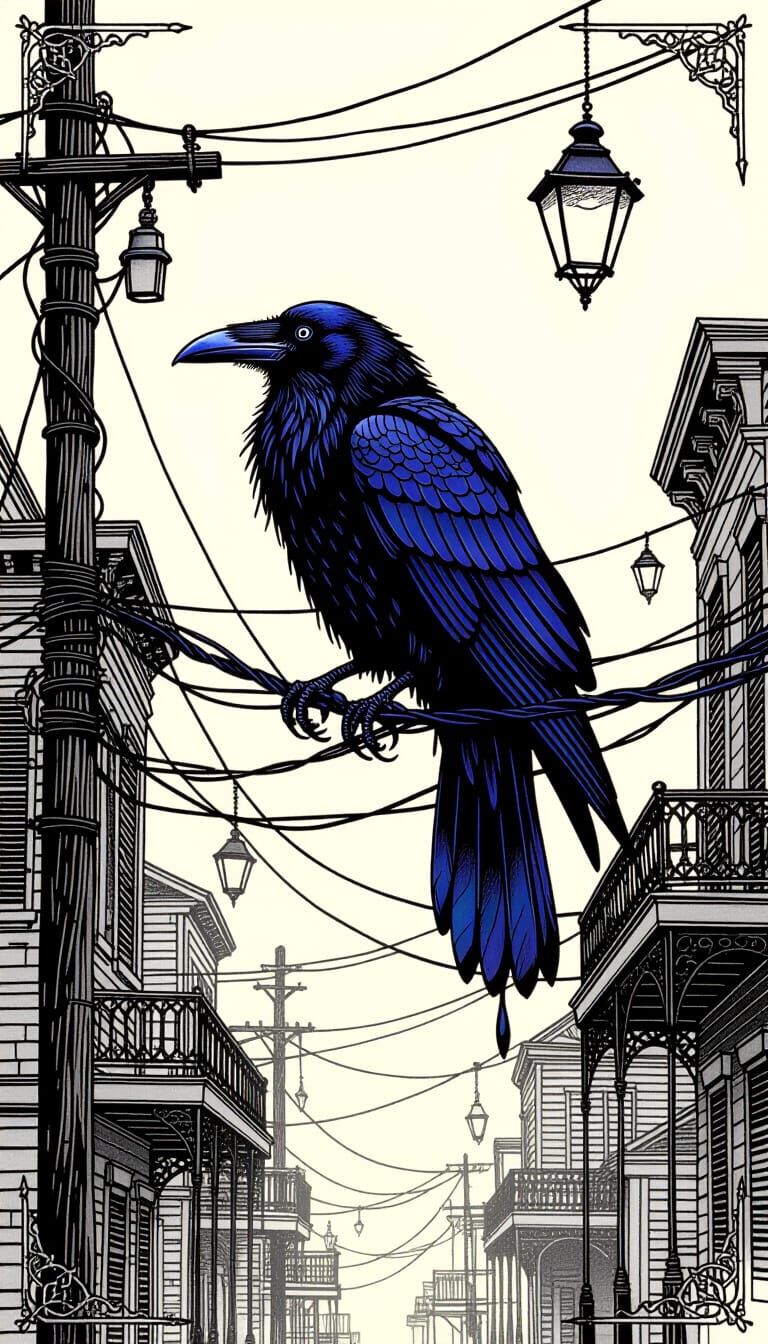 Biomechanical Raven on Dystopian New Orleans Wires
