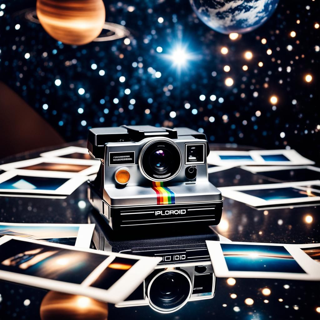 Vintage Polaroid Camera in Futuristic Space Station