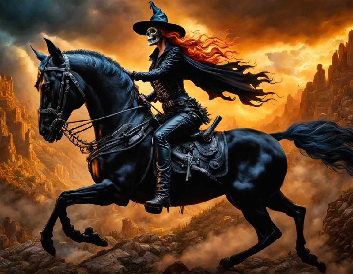 Gothic Witch Rides a Skeleton Wolf in Dark Fantasy